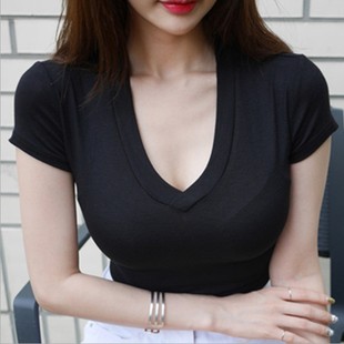 韩国深v弹力性感紧身显胸大t恤女配半身，长裙的短袖上衣夏显瘦体恤