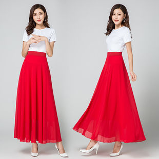 红色纯色雪纺半身裙夏季高腰，a字大摆长裙，大码女长裙跳舞裙子