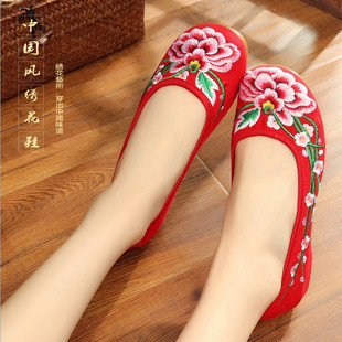 春夏牡丹花一脚蹬女单鞋，老北京绣花布鞋坡跟婚鞋民族风软底女布鞋