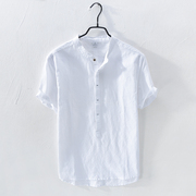 夏季圆领亚麻短袖T恤男士套头立领中国风棉麻料衬衫白色薄衬衣潮