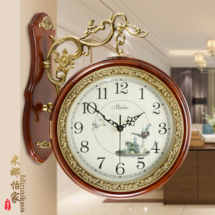 欧式静音实木创意双面挂钟现代大号客厅仿古客厅铜质石英钟表时钟