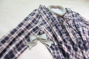 日本出口原单森女系vintage清新棉质，格子七分袖，系带复古上衣衬衫