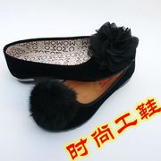 老北京女布鞋黑色工作鞋子秋季单酒店礼仪工装平底孕毛球花朵