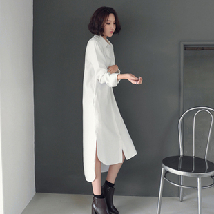 韩版简约白衬衫女个性设计长袖超长款宽松翻领大码打底纯棉衬衣裙
