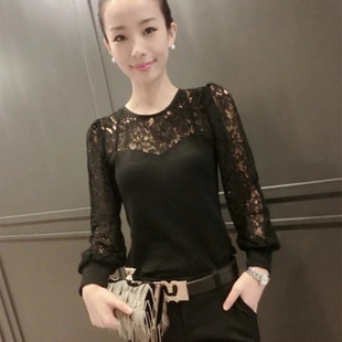 春秋韩版女装黑色蕾丝，灯笼袖圆领拼接打底衫修身显瘦长袖上衣