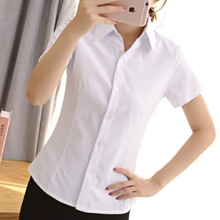 职业衬衫女短袖修身收腰白衣，免商务正装，竖纹工作气质宽松大码胖mm