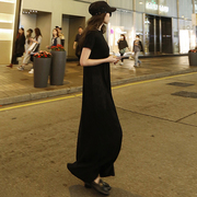 莫代尔黑色短袖长裙夏2024女韩版宽松口袋，a字连衣裙大码显瘦