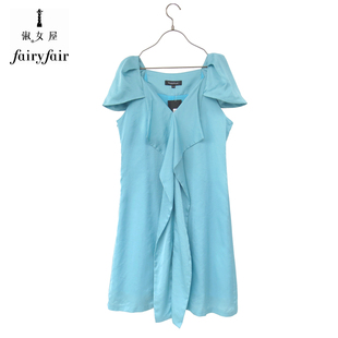 fairyfair清爽天蓝色花瓣袖，v领波浪，边丝滑高端短袖连衣裙