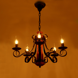 欧式铁艺地中海复古蜡烛，实木吊灯客厅灯美式乡村，酒吧灯餐厅灯具