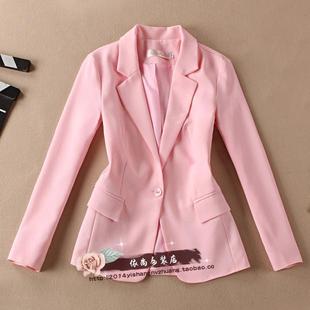 女装小西服夏季一粒扣修身职业0L外套短款百搭长袖粉色西装