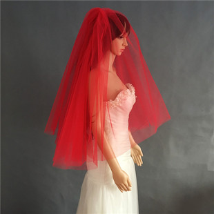 涵妃娅大红色头纱新娘，结婚婚纱头纱，双层硬纱短款头纱
