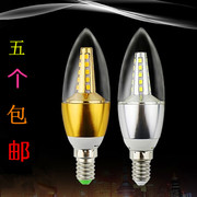 E14光源小头螺口透明LED尖头水晶灯泡吊灯家用节能超亮黄光白光5w