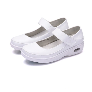 春秋款护士鞋小白鞋，白色坡跟休闲鞋，口袋防滑气垫底浅口女鞋