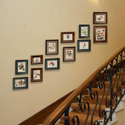楼梯照片墙实木欧式美式相框做旧复古壁挂别墅楼梯间装饰组合画