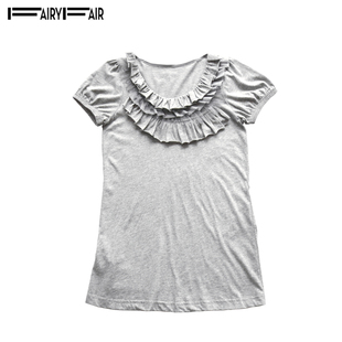夏季fairyfair浅灰色高端纯棉荷叶，边套头短袖纯色针织衫t恤