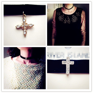 欧美时尚外贸黑天鹅绒，闪亮水钻巴洛克宫廷，复古十字架项圈choke女