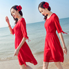 红色沙滩裙女夏2023巴厘岛海边度假裙海南三亚连衣裙裙子