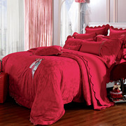 水星家纺婚庆提花十件套双人1.8m床品大红色结婚床单花边被套