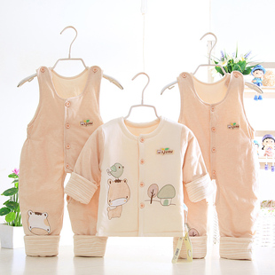宝宝薄棉套装春秋季3-6个月新生儿男女夹棉衣，1岁婴儿背带裤三件套