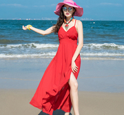 夏装海边度假露背沙滩长裙波西米亚，大红色雪纺开叉吊带连衣裙