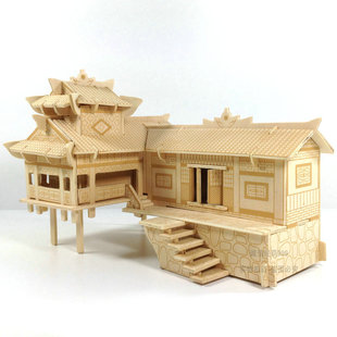 立体拼图木质拼装房子，3d木制仿真建筑，模型手工木头屋diy益智玩具