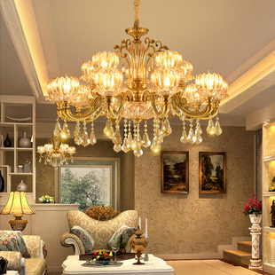 欧式客厅全铜色水晶别墅吊灯，复古美式餐厅卧室大气水晶灯具