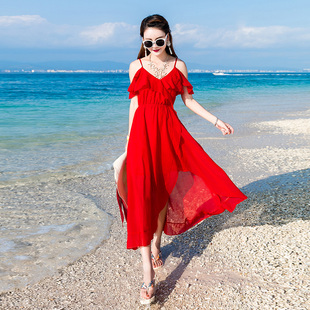 雪纺吊带露肩连衣裙大红色，燕尾长裙海南三亚旅游不规则裙子沙滩裙