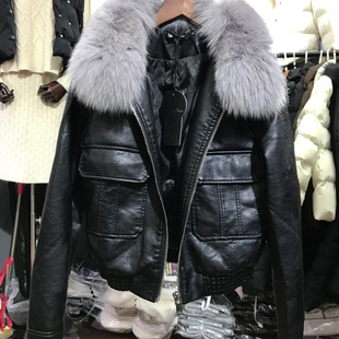冬季气质真狐狸毛领长袖加棉黑色皮衣外套女短款机车pu皮夹克