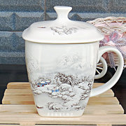 陶瓷杯子 景德镇骨质瓷茶杯 带盖方形水杯 奶杯 异性办公早餐杯