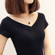 黑色露背v领短袖T恤女夏大领口修身显瘦半袖体恤紧身性感低领上衣