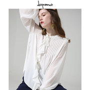 dopamo丨austin系列复古宫廷袖，灯笼袖木耳垂，边纯色透视雪纺白衬衫