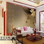 中式古墨古典荷莲花画莲大型壁画墙纸壁纸酒店，客厅电视沙发背景墙