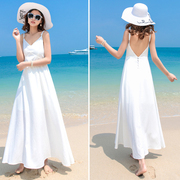 夏装v领露背吊带连衣裙波西米，亚大摆长裙海边度假三亚白色沙滩裙