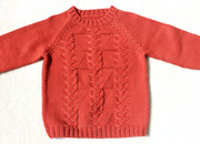 手织春秋男儿童毛线衣　细线羊毛线手工编织砖红色白色毛衣外套