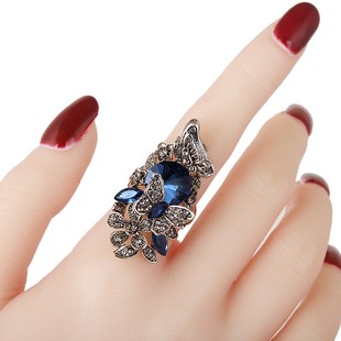 韩版时尚复古长款食指指环，女镶钻水晶，装饰戒指欧美个性夸张潮饰品