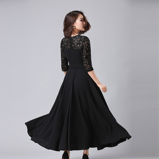 黑色蕾丝连衣裙女夏装镂空复古性感显瘦修身文艺，超长拖地大摆长裙