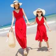 悦海悦贝亲子装2023夏季母女装，海边出游度假沙滩裙连衣裙红色长裙