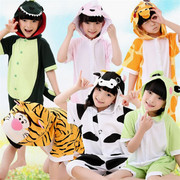 夏季儿童短袖纯棉连体睡衣，男女卡通春秋亲子装动物叮当猫表演出服