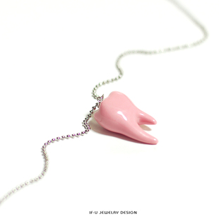 ifu设计师品牌，陶瓷首饰粉红色牙齿，项链纯银链子