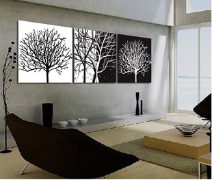 三联客厅卧室简约现代背景墙竖斜挂画式装饰画黑白发财树玻璃画