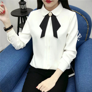 蝴蝶结白色衬衫女长袖中学生，2018春装韩范职业，雪纺衬衣学院风