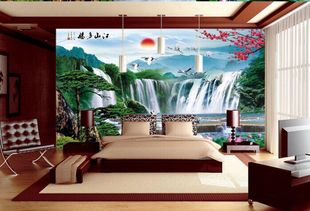 山水风景画中式自粘墙贴大型壁画客厅电视背景墙画墙壁纸山清水秀