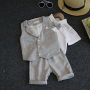 夏季儿童绅士西装男童周岁宝宝短袖英伦马甲三件套花童礼