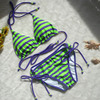 enki旅游韩系比基尼荧光紫绿间条纹，带可拆卸胸垫无钢托性感女泳衣