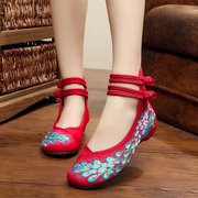 19老北京布鞋舞蹈民族风绑带绣花鞋内增高坡跟女亮片单鞋