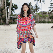 泰国风情裙子宽松大码旅游衣服女民族风海边度假沙滩裙出游连衣裙