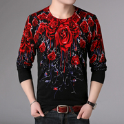 非主流时尚潮流男士花式个性毛线衣(毛，线衣)薄创意搞怪血玫瑰图案针织t恤
