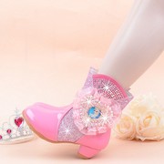 女童靴子高跟2024冬季时尚加绒儿童短靴棉公主蕾丝蝴蝶结水钻