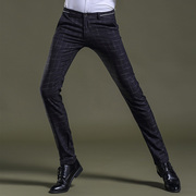冬季男士韩版修身格子休闲裤，方格时尚男式小直筒弹力小脚小西裤潮