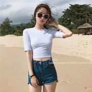 短款T恤女中袖学生夏韩版紧身显瘦高腰露脐大码漏肚脐小心机上衣